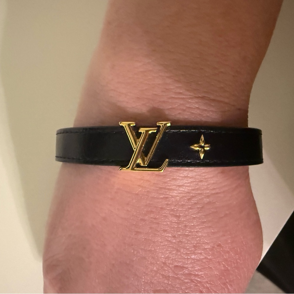 Louis Vuitton Black Leather Bracelet with Gold Emblem